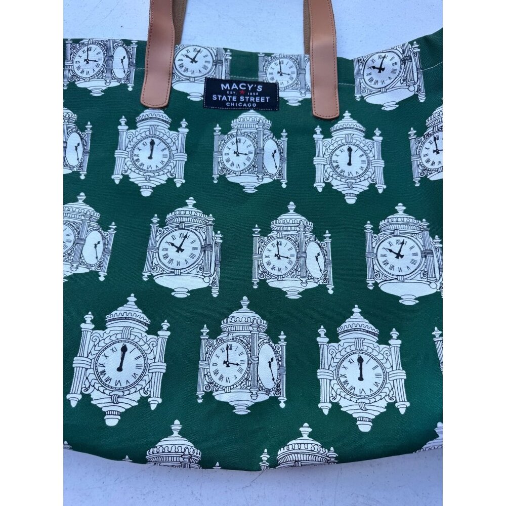 Macy’s State Street Chicago Tote Bag Unisex Large Green Clock Print Canvas Shopp - Picture 2 of 6